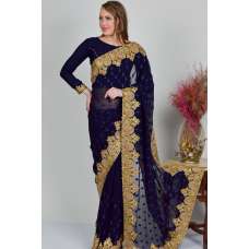 Navy Blue Embroidered Georgette Designer Saree