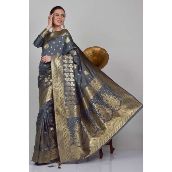 Grey Indian Banarasi Designer Saree