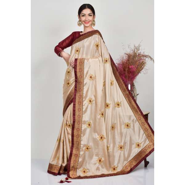 Beige & Maroon Bollywood Style Indian Saree
