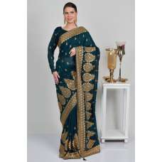 Peacock Blue Pakistani Designer Embroidered Saree
