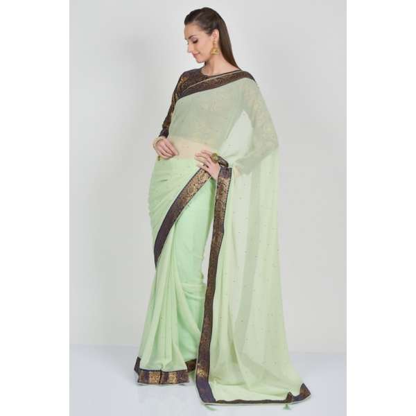 Gorgeous Pista Saree With Brocade Blouse