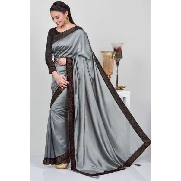 Grey Designer Saree With Black Blouse
