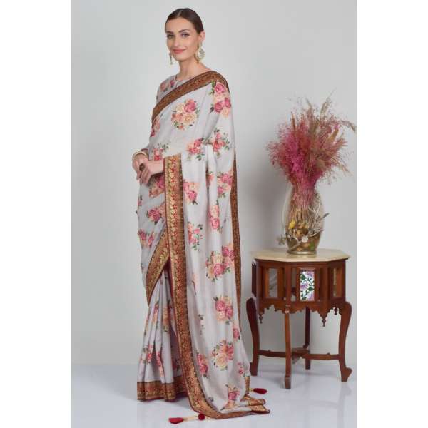 Grey Floral Printed Designer Saree