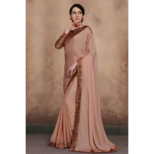 ZACS-605 BEIGE BEAUTIFUL BROCADE BLOUSE INDIAN PARTY WEAR SAREE 