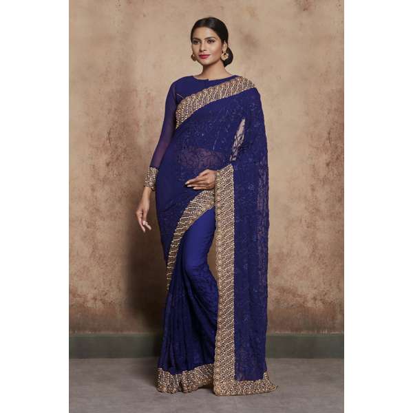 ZACS-603 NAVY BLUE THREAD WORK AND DIAMANTE EMBROIDERED INDIAN TRADITIONAL SAREE