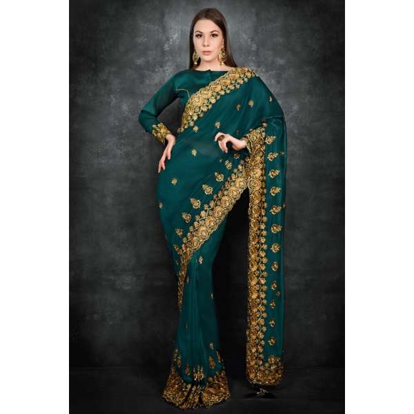 Ultramarine Green Fancy Embroidered Saree
