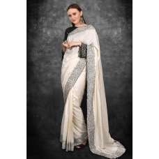 Off White & Black Bridal Party Wear Saree