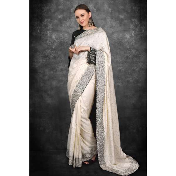Off White & Black Bridal Party Wear Saree