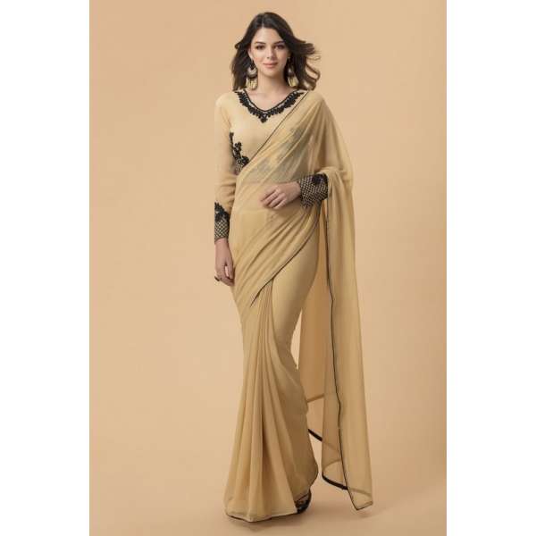 BEIGE GEORGETTE BLACK EMBROIDERED MEHNDI WEAR SAREE 