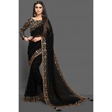ZAC20-09 BLACK EVENING WEAR DRAPE EMBROIDERED BLOUSE SAREE