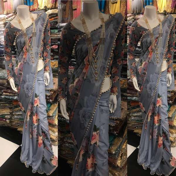 Grey 3D Floral Printed Saree