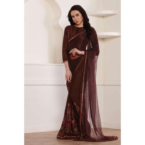 ZACS-600 BROWN DESIGNER READY MADE PARTY WEAR INDIAN SAREE