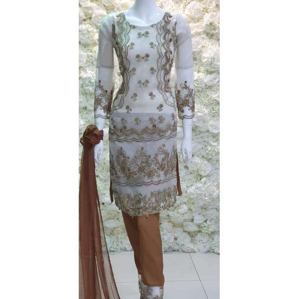 OFF WHITE BROWN GOLD ORGANZA READYMADE PAKISTANI DESIGNER SUIT 