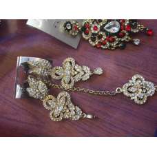 SILVER GOLD DIAMONTE LONG INDIAN EARRINGS AND TIKKA SET 
