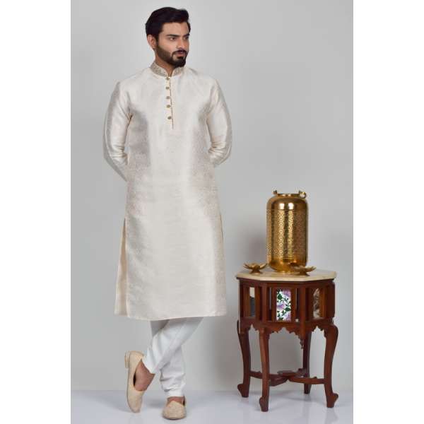 Cream Jammawar Pakistani Mens Kurta Pajama