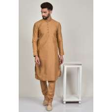 Dark Beige Plain Silk Indian Kurta Pajama For Men