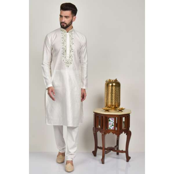 White Embroidered Kurta Pajama Indian Designer Mens Suit