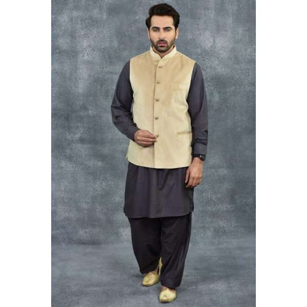 Plain Velvet Camel Colour Waistcoat For Men