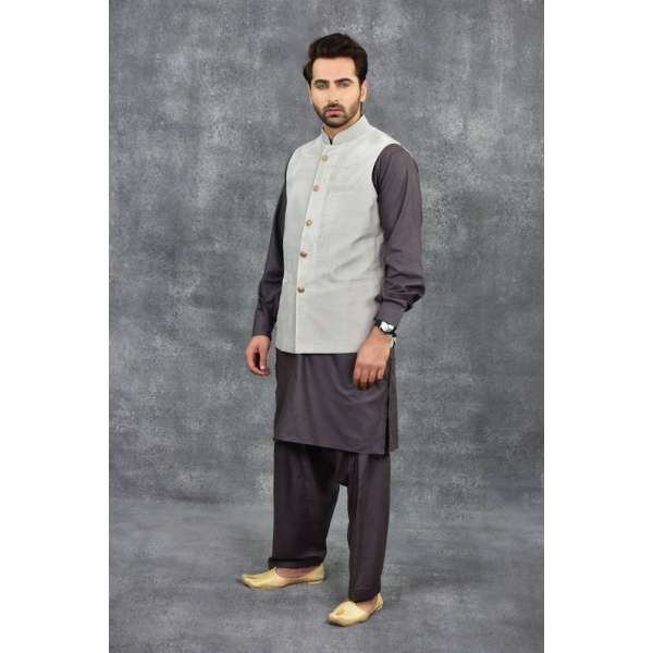 Light Grey Plain Pakistani Mens Shalwar Kameez Waistcoat