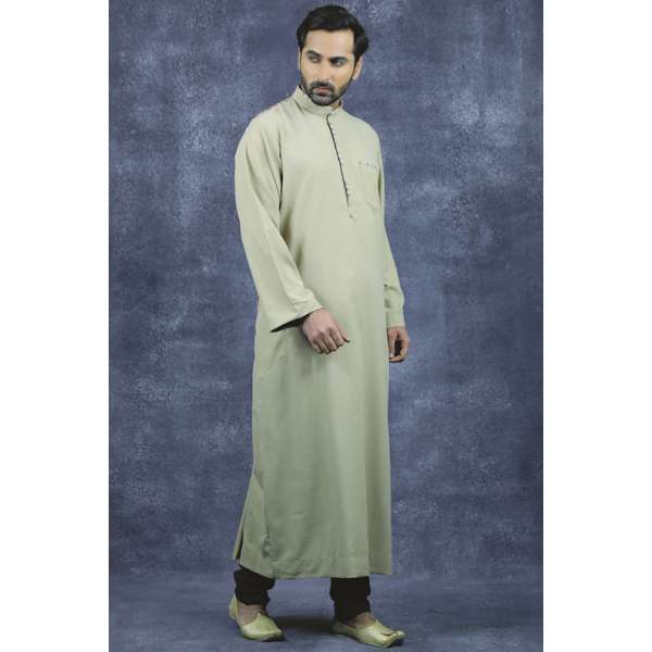 Beige Polyester Men Islamic Wear Plain Thobe Jubba
