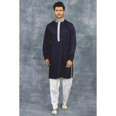 Navy Blue Kurta White Shalwar Pakistani Designer Men's Suit