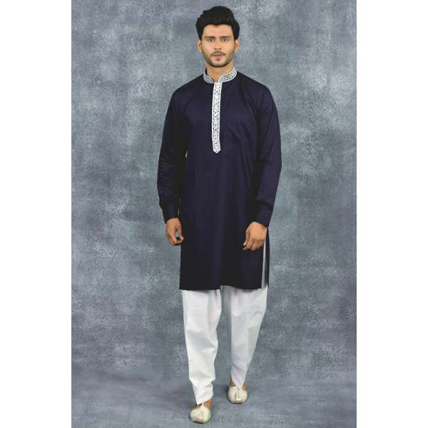 Navy Blue Kurta White Shalwar Pakistani Designer Men's Suit