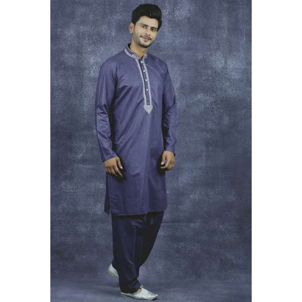 Dark Grey Indian Kurta Shalwar Men's Embroidered Suit
