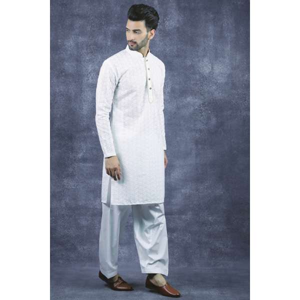 White Pakistani Kurta Men Cotton Suit