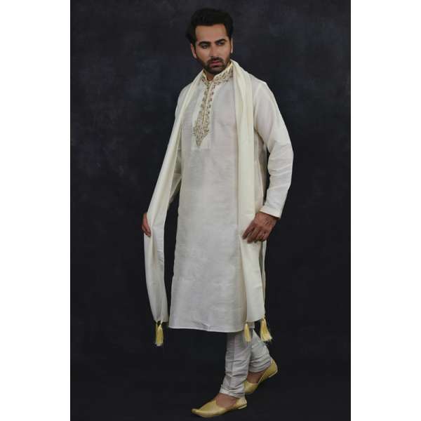 Off White Indian Wedding Kurta Pajama Suit Men's Ethnic Dress