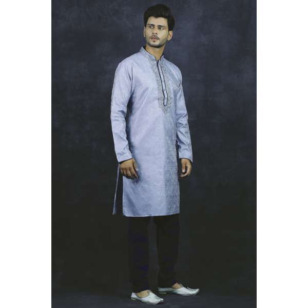 Grey & Navy Blue Pakistani Kurta Readymade Mens Suit