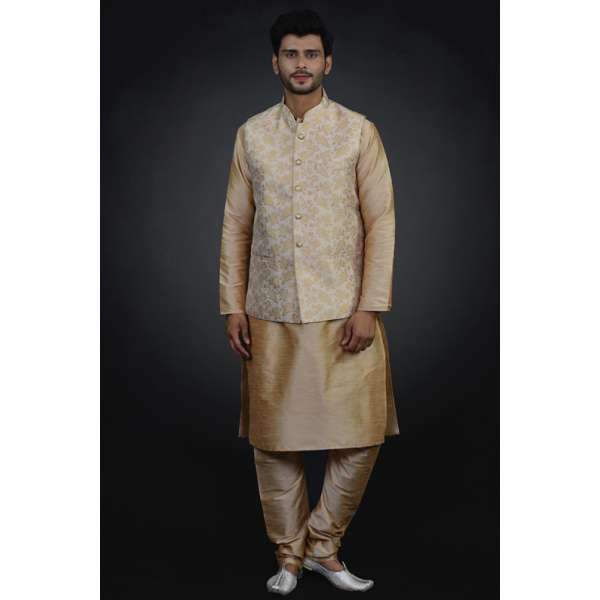 Cream Indian Waistcoat With Kurta Pajama Ready to Wear Men's Suit