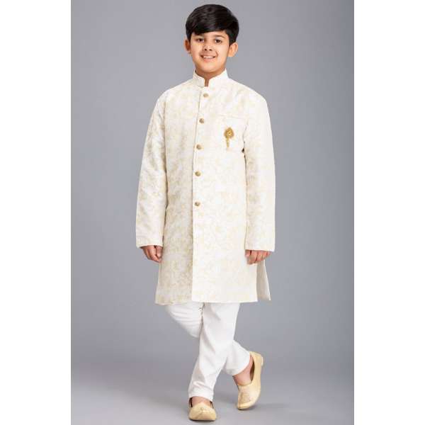 WHITE JACQUARD JACKET STYLE KURTA AND PAJAMA YOUNG BOYS EID SUIT