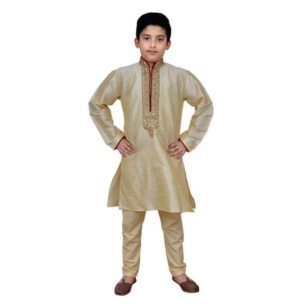 GOLD BEIGE EMBROIDERED KURTA AND PYJAMA BOYS WEAR READY MADE SUIT