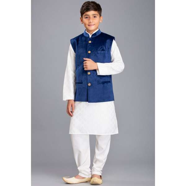 WHITE KURTA SHALWAR & BLUE WAISTCOAT PAKISTANI BOYS WEAR SUIT