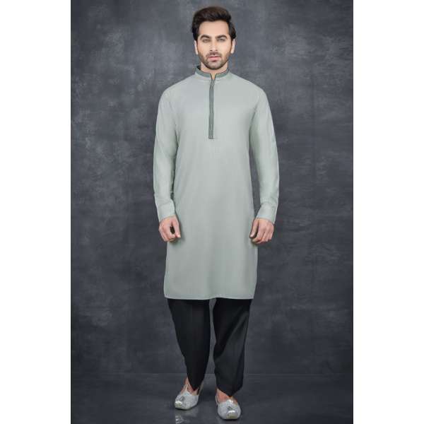 ASH GREEN & BLACK PUNJABI MEN'S READYMADE KURTA SALWAR