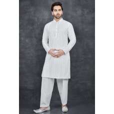 BRILLIANT WHITE CHIKENKARI KURTA AND SHALWAR MEN'S SUIT