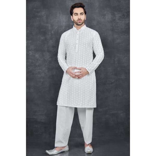 BRILLIANT WHITE CHIKENKARI KURTA AND SHALWAR MEN'S SUIT