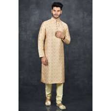Coral Peach Jacquard Embroidered Ethnic Men’s Readymade Kurta Pajama