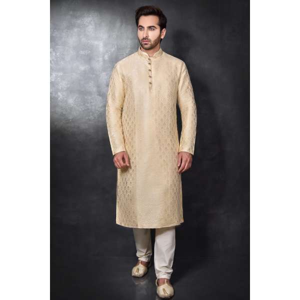 Punjabi Kurta Pakistani Shalwar In Peach Jacquard Fabric