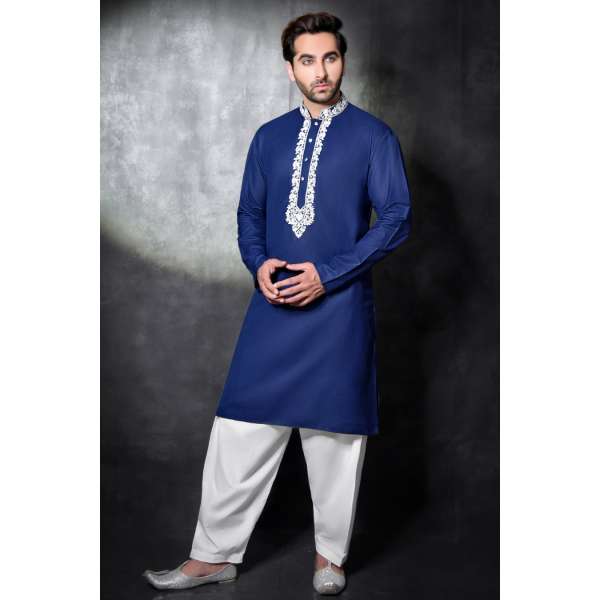 CLASSIC WHITE & BLUE READY MADE DESIGNER MEN'S KURTA SALWAR