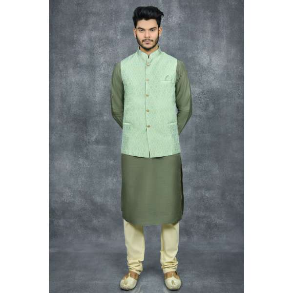 GREEN PAKISTANI MEN'S READYMADE WAISTCOAT