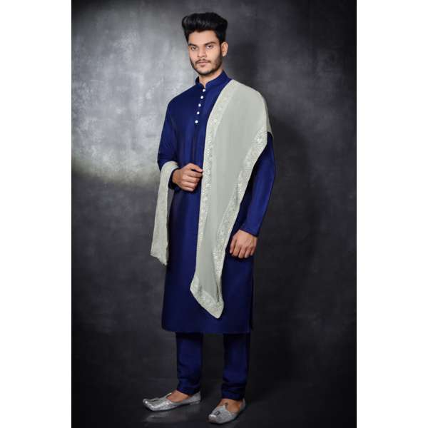 NAVY BLUE MENSWEAR ETHNIC KURTA PAJAMA & STOLE