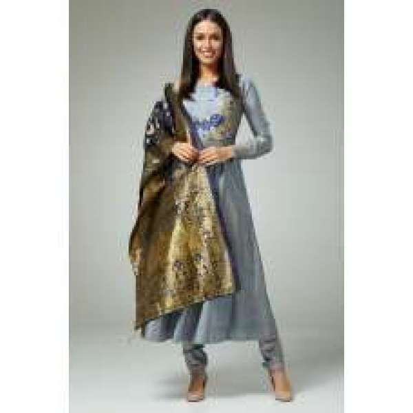 ASYMMETRIC BLUE GREY SILK ANARKALI CHURIDAR SUIT