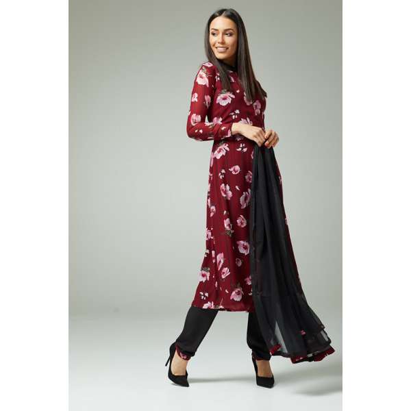 MAROON BLACK FLORAL PRINTED SUMMER STYLISH SALWAR SUIT
