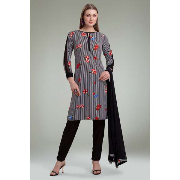 GRACEFUL BLACK AND WHITE FLORAL PRINTED SALWAR KAMEEZ SUIT