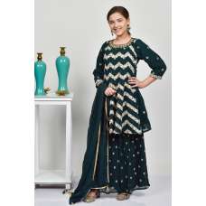 Peacock Blue Embroidered Girls Gharara Suit