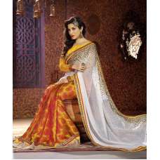 Yellow & White Banarasi Saree Bollywood Indian Wedding Wear