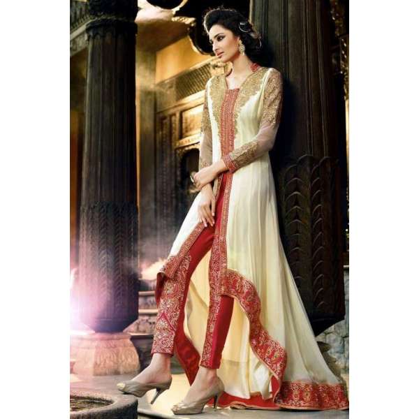 ROYAL CORAL RED CREAM READYMADE DESIGNER ANARKALI SUIT XL SIZE