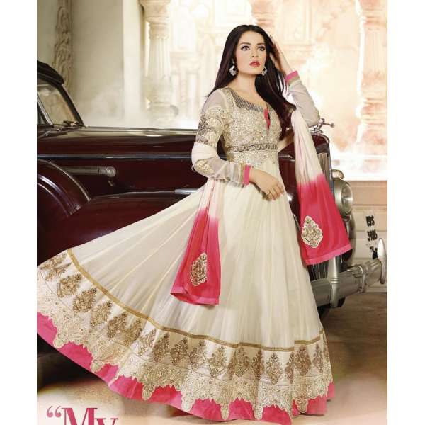 WHITE AND PINK  DESIGNER ANARKALI SUIT