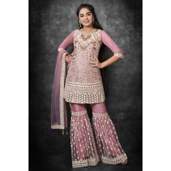 Rose Tan Pakistani Girls Frock Kurti & Gharara Suit Set